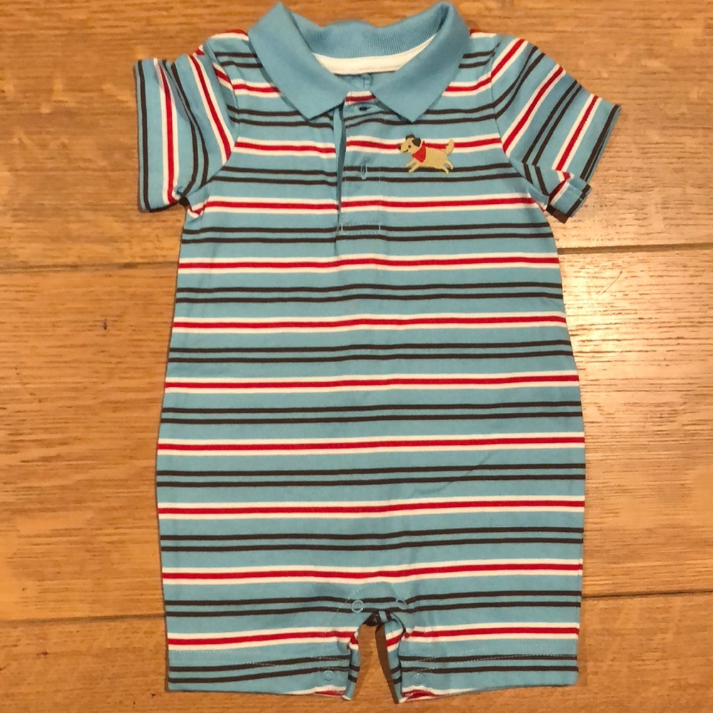 Blue and red striped dog onesie